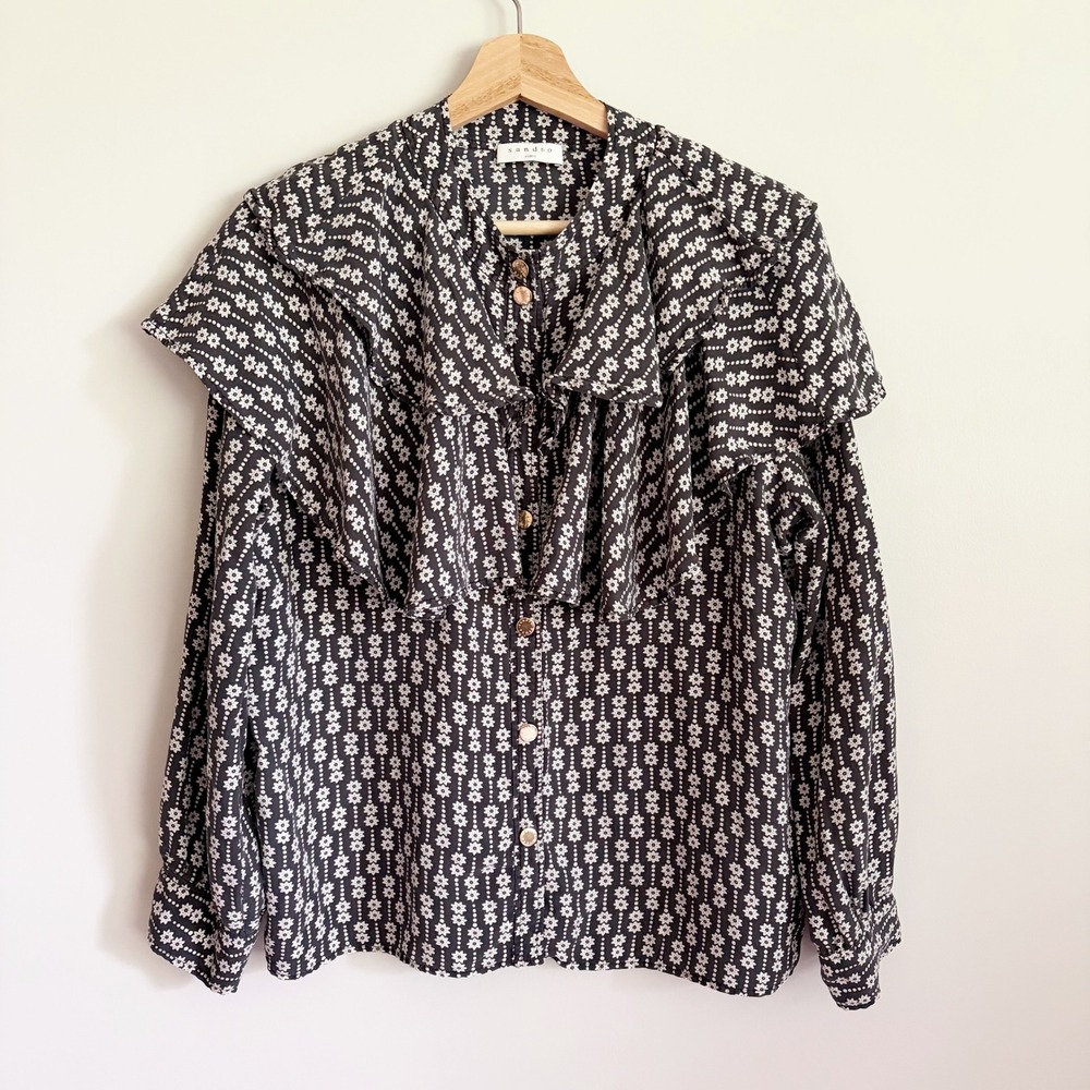 Sandro Paris 100% Silk Ruffle Floral Blouse Size 3 Large Black White Snap Up